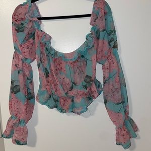 Floral sheer off the shoulder top.